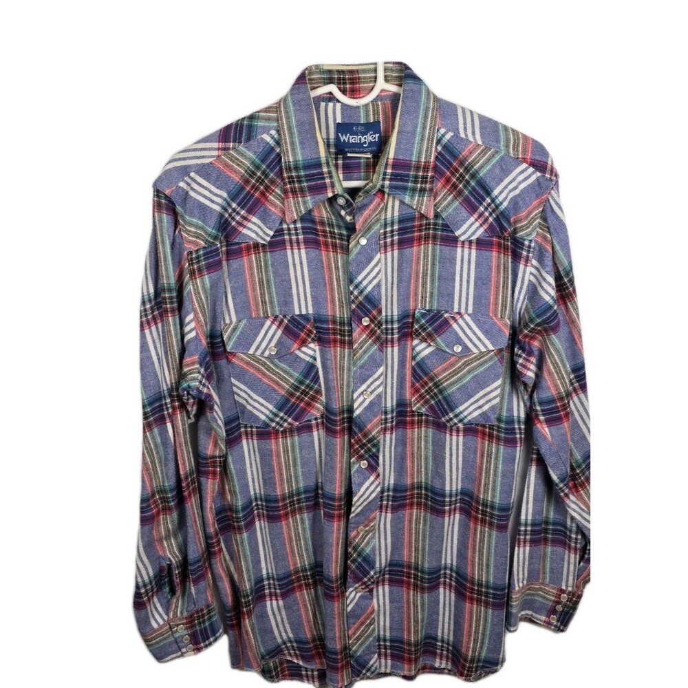 Vintage 80s Mens XL Wrangler Western Pearl Snap Plaid‎ Long-Sleeve Shirt